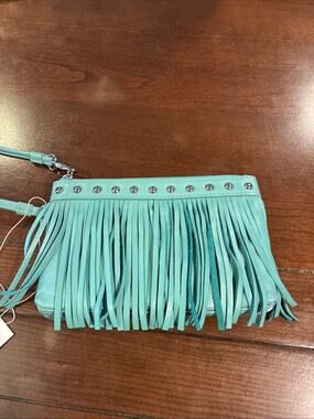 Western Cowgirl Turquoise Leather Zip Fringe & Silver Rivets Wristlet Clutch